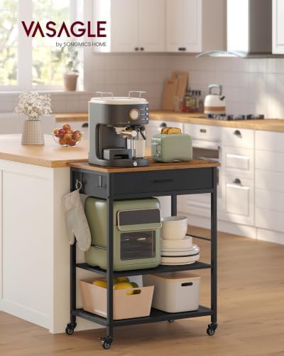 VASAGLE Kitchen Island Cart with Storage, Drawer, Adjustable Shelf, 2 Hooks | Portable Kitchen island On Wheels, Small Cart, 23.6" Width, Rustic Brown and Ink Black, BARNET Collection UKKI007KD01