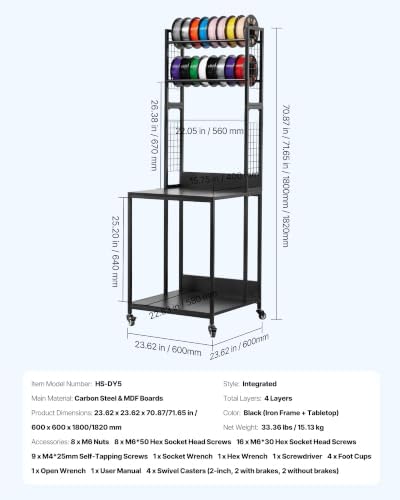 VEVOR 3D Printer Filament Storage Rack, 4-Tier 3D Printer Stand with Filament Storage, Spools Holder Racks Cart with Wheels, Filaments Organzied for 3D Printing Station, Office, Workshop (Shelf Only)