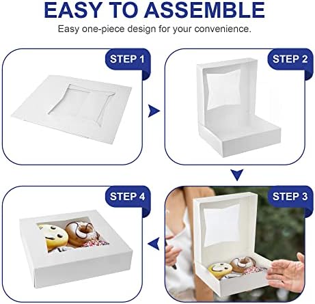 MT Products White Cookie Box 8" x 8" x 2.5" - Auto Pop-Up Bakery Boxes with Window (Pack of 15) - Made in USA