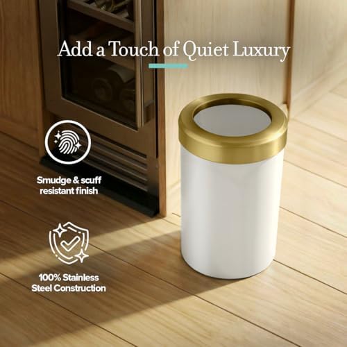Gatco Small Bathroom Trash Can with Lid, Round 3 Gallon Stainless Steel Wastebasket, Under Sink, Matte Pearl and Brushed Brass, for Bathroom, Bedroom, Office (1931B)