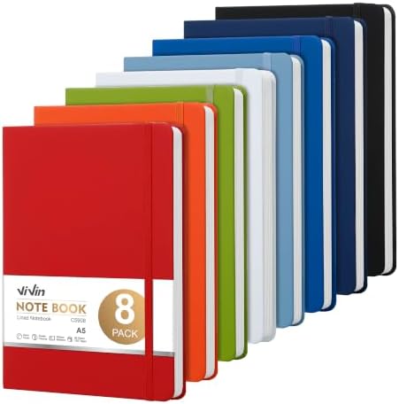 ViVin 8 Pack A5 Hardcover Lined Notebook,192 pg College Ruled 5.5x8.3