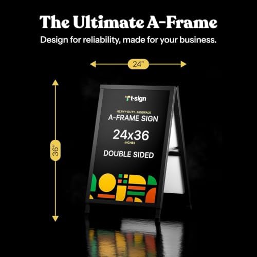 T-SIGN Outdoor A-Frame Sidewalk Sign 24x36 Inch Sandwich Board, Black Coated Steel Metal Double-Sided, Heavy Duty Slide-in Folding Frame Sign Holder, 2 Corrugated Plastic Poster Boards, Display Stand