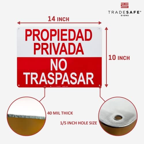 TRADESAFE Private Property No Trespassing Sign - Propiedad Privada No Traspasar Spanish Sign, Quick Install, Light Reflective, UV-Resistant, Waterproof, 14” X 10” Aluminum Safety Signs