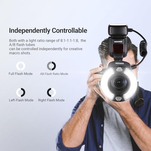 NEEWER 76Ws Marco Ring Flash Compatible with Nikon Cameras, 1-1/128 Output, GN15 5600K TTL Flash Light w Front/Rear Curtain Sync, Color Gels, Lens Adapters for Macro Photography Lighting, RF1-N