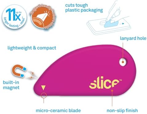 Slice Micro Safety Cutter | Safe Ceramic Box Cutter Lasting 11x Longer than Metal | Keychain Box Opener | Combo Pack | Vivid Green + Fuchsia