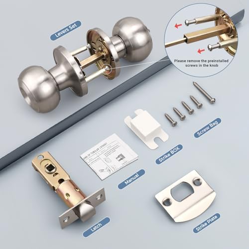 KNOBWELL Brushed Nickel Door Knobs for Bedroom or Bathroom, Interior With Round Knob, Satin Nickel Privacy With Lock, Keyless Turn Lock, 15 Pack