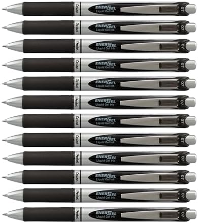 Pentel EnerGel RTX Retractable Liquid Gel Pen, (0.7mm) Medium Line, Metal Tip, Black Ink, Box of 12 (BL77-A)