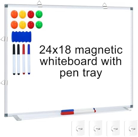 H-Qprobd Magnetic Whiteboard 24" x 18" Dry Erase White Board for Wall, Hanging Mounted Whiteboard with Aluminum Marker Tray