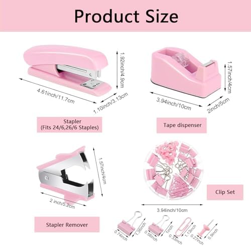 Office Supplies,Pink Desk Accessories,Office Supplies Set,Stapler and Tape Dispenser Set,Scissors,Staple Remover,Binder Clips,Staples,Ballpoint Pen,Index Tabs with Ruler,Clear Tape.9pcs for Office