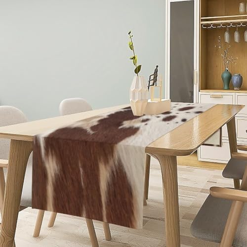 Cow Print Table Runner, Brown Cowhide Print Western Style Table Runner Country Farmhouse Cottage Cow Patten Table Decoration for Home Kitchen Dining, 13x120 Inch