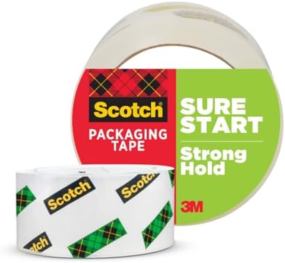 Scotch Sure Start Shipping Packaging Tape, 1.88" x 54.6 yd, Designed for Packing, Shipping and Mailing, Quiet Unwind, No Splitting or Tearing, 3" Core, Clear (345),1 Roll (Pack of 12)