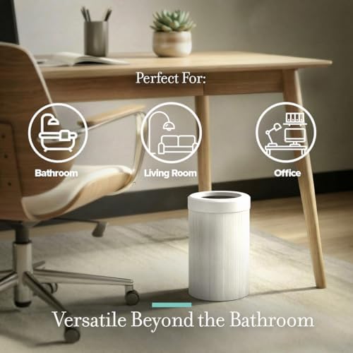 Gatco Small Bathroom Trash Can with Lid, Round 3 Gallon Wastebasket, Under Sink, White Oak with Matte White, for Bathroom, Bedroom, Office (1932W)
