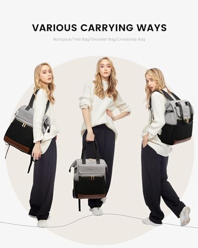 LOVEVOOK Laptop Backpack for Women with Giant Tumbler Holder, 15.6 Inch Work Laptop Bag with USB Port, Fashion Teacher Nurse Backpack Purse, Waterproof Travel Computer Backpack, 2PCS, Grey-Black