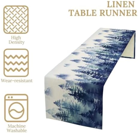 Watercolor Blue Pine Trees Table Runner, Forest Woodland Tabletop Scarf Home Kitchen Holiday Decor, Seasonal Farmhouse Rustic Dining Decorations Party Supply 13 X 60 Inch