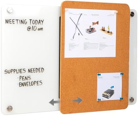 Mind Reader Glass Dry Erase Board with Sliding Corkboard, Wall Mounted Combination Whiteboard and Bulletin Board, 28" x 19.5"