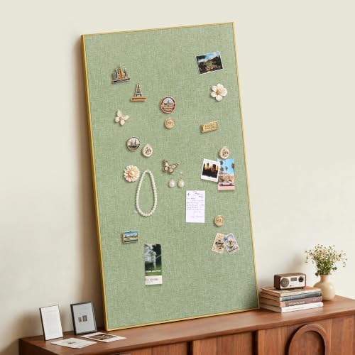 SELEAD Linen Bulletin Board 48” x 24” - Golden Aluminum Frame, Green Fabric