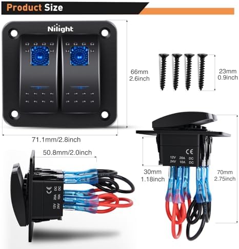 Nilight 90106B 2 Gang Rocker Switch Panel 5 Pin On Off Pre-Wired Rocker Switch Aluminum Panel Waterproof Switche Panel for 12V/24V Automotive Cars Marine Boats ATVs Trailers,2 Years Warranty , Blue