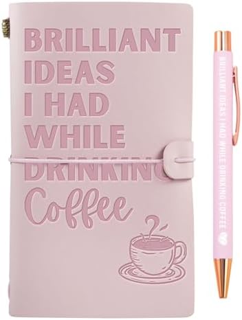 Coffee gifts Leather Journal Notebook with Pen, for Coffee Lovers, Men, Women on Birthday, Refillable Sketchbook, Travel Diary, Lined Planner, 7x5 Inches, Pink - Brilliant Ideas - Leather embossing