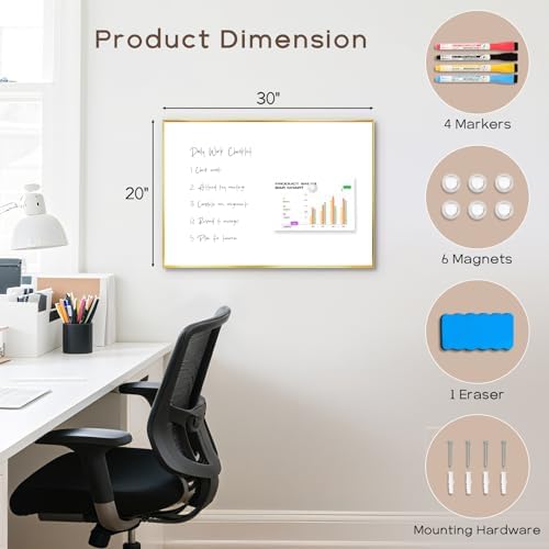 Large Magnetic Whiteboard, 30" x 20" Dry Erase White Board for Wall