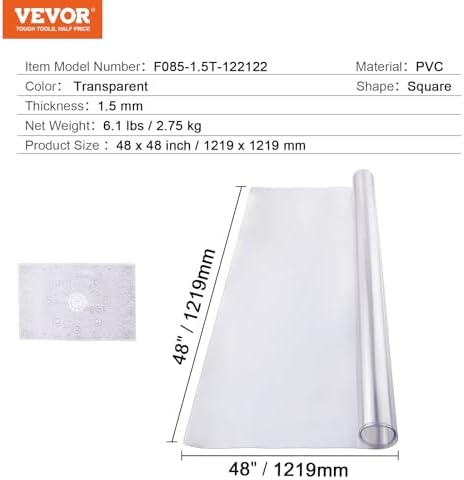VEVOR Plastic Table Cover, 48 x 48 Inch 1.5 mm Thick Clear PVC Protector, Square PVC Desk Mat, Waterproof & Easy Cleaning Desk Pad Tablecloth, for Office, Dresser, Dining Room, Night Stand