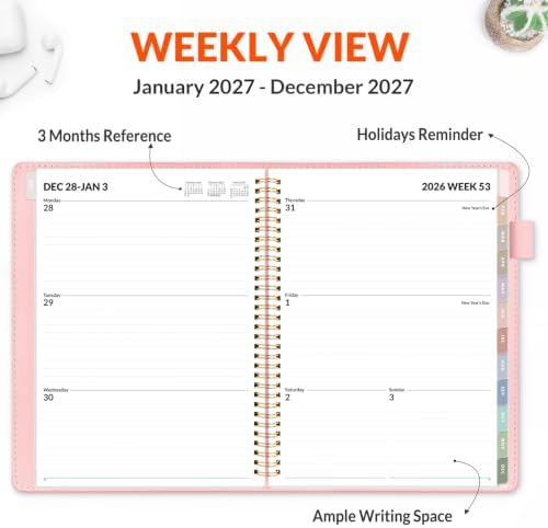 SUNEE 2027 Weekly & Monthly Planner 9"x11.2"- 12 Month (January 2027 - December 2027), Vegan Leather Cover, Pocket, Bookmark, Notes, Monthly Tab, Peach Pink