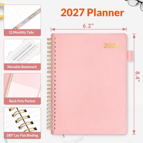 SUNEE 2027 Weekly & Monthly Planner 6.2"x8.5"- 12 Month (January 2027 - December 2027), Vegan Leather Cover, Pocket, Bookmark, Notes, Monthly Tab, Peach Pink