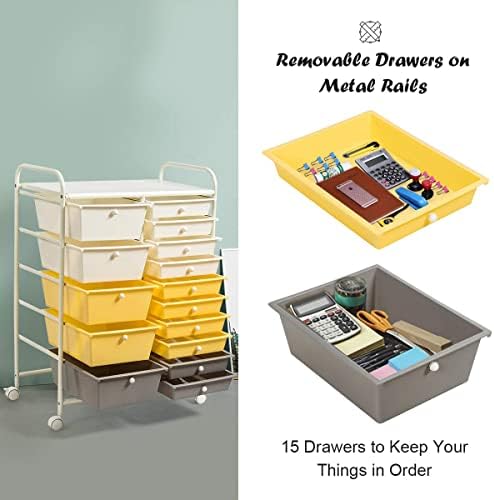 COSTWAY 15 Drawer Rolling Storage Cart, Mobile Utility Cart with Lockable Wheels, Drawers, Multipurpose Organizer Cart for Home, Office, School, Yellow