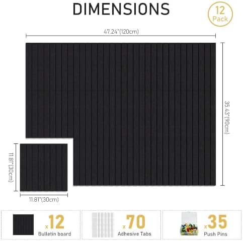 Felt Bulletin Board 48"x36" Large - Cork Board Alternative, 12-Pack Felt Wall Tiles with 70 Adhesive Tabs & 35 Pushpins, Pin Board for Home Office Decor, Black