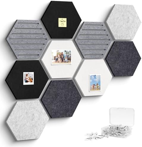 Hexagon Cork Bulletin Board Tiles, 10 Pack Felt Board with 25 Push Pins, Photo Display Board for Office & Home Classroom Wall Decor, 11.8x10.2 Inches