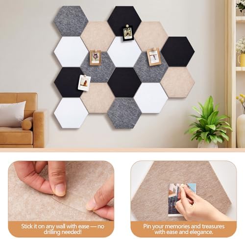 12x10 in 16 Pcs Hexagon Cork Board Tiles, Felt Pin Boards, Classic