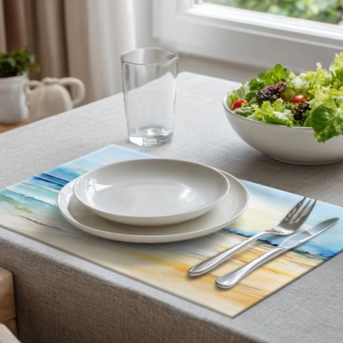 Batmerry Beach Scene Linen Placemats Set of 6, Serene Ocean View Washable Table Mats for Kitchen Table Thickened Heat Insulation Dining Set Indoor Outdoor 12X18 in