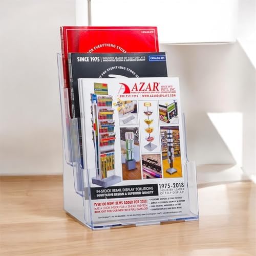 Azar Displays 252378, Brochure Holder, Acrylic Desk Organizer, Three Tier Document, Magazine & Sign Holder, Wall Mount Desk Accessories, Literature Display Stand for 4" Pamphlets, 8.5"x11"