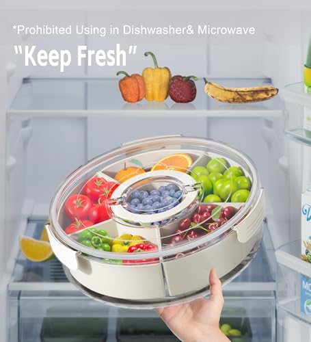 Divided Rotating Serving Tray with Lid and Handle, Portable Snackle Box for Fruits Snacks Veggie Charcuterie, Clear Lazy Susan Organizer and Fridge Storage Container for Adults Child (2PCS,12" L