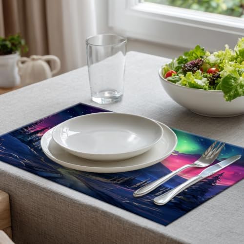 Batmerry Winter New Year Linen Placemats Set of 8, Aurora-s Pink Skies Snowy Mountains Washable Table Mats for Kitchen Table Thickened Heat Insulation Dining Set Indoor Outdoor 12X18 in