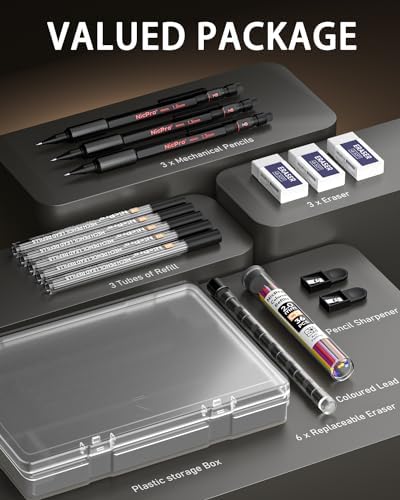 Nicpro 2mm Metal Mechanical Pencils Set with Case, 3 Pack Black