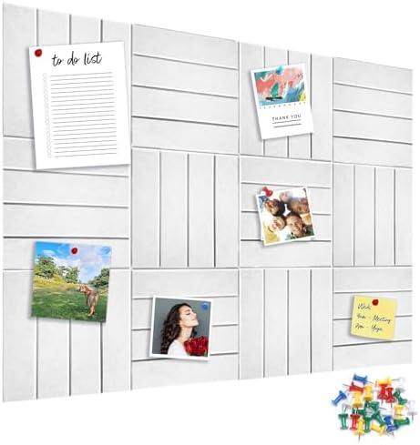 12 Packs White Felt Pin Board, Large 12" Bulletin Board with 30 Push Pins, Felt Board Slat Wall Paneling for Office Home Kitchen, Self-Adhesive Corkboard Tiles for Classroom Message Photos Memos
