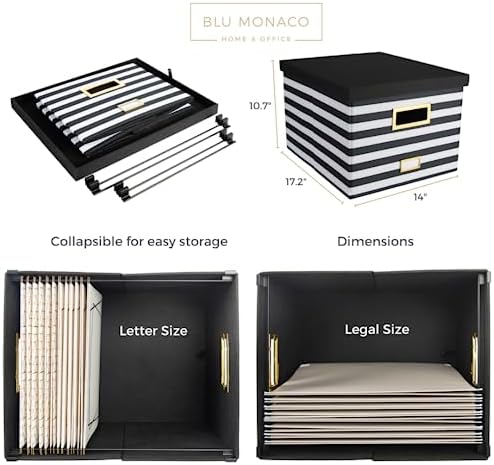 BLU MONACO | Decorative Hanging File Box with Lid | File Bins with Lids for Desk Storage | Desktop Hanging File Organizer for Legal Letter Folders Black White