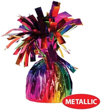 Beistle 12 Count Rainbow Metallic Plastic Wrapped Balloon Weights for Birthday Parties, Colorful Celebrations and Pride Events, Table Decorations for Any Theme, 6 Oz