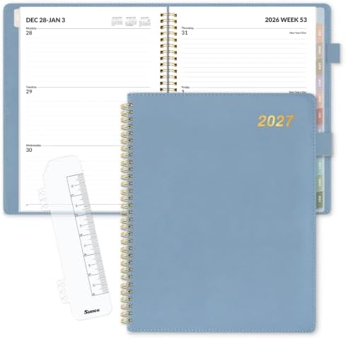 SUNEE 2027 Weekly & Monthly Planner 9"x11.2"- 12 Month (January 2027 - December 2027), Vegan Leather Cover, Pocket, Bookmark, Notes, Monthly Tab, Grey Blue