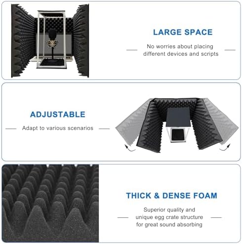 TroyStudio Large Microphone Isolation Shield, Foldable Vocal Booth Reflection Filter, 2 Inches Thick Acoustic Foam Panel Music Sing Podcast Recording Studio Adjustable Sound Box for Desk & Laptop