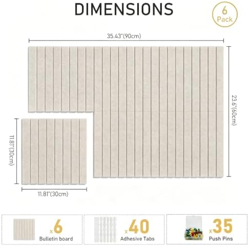 Felt Bulletin Board 36"x24" - Cork Board Alternative, 6-Pack Felt Wall Tiles with 40 Adhesive Tabs & 35 Pushpins, Pin Board for Classroom Home Office, Oatmeal