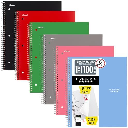 Five Star Spiral Notebook + Study App, 1 Subject, Graph Ruled Paper, 8.5" x 11", 100 Sheets, Assorted Colors, 6 Pack (73549)