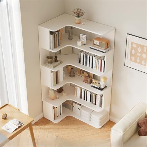 Vertical L-Shape Storage with Open Back 5 Shelves Corner Bookshelf Wood Floor Rack Student Integrated Wall Bookcase Corner Cabinet Multi-Layer Storage Cabinet White 24" L x 35" W x 63" H