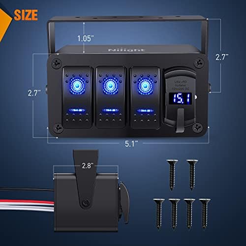 Nilight 3 Gang Rocker Switch Box 12V SPST ON Off PD Type C and QC 3.0 USB Charger Voltmeter Waterproof Aluminum Panel DIY Stickers for Boats Cars RVs Trucks