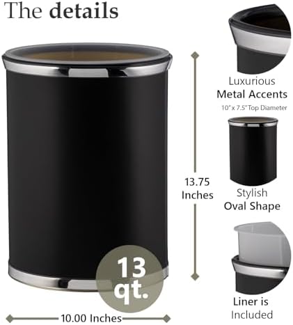 Kraftware Sophisticates Oval Wastebasket with Plastic Liner, Adding Classic Style to The Bathroom and All Other Rooms in The Home or Office, 13 Quart Capacity, Black with Polished Chrome Trim