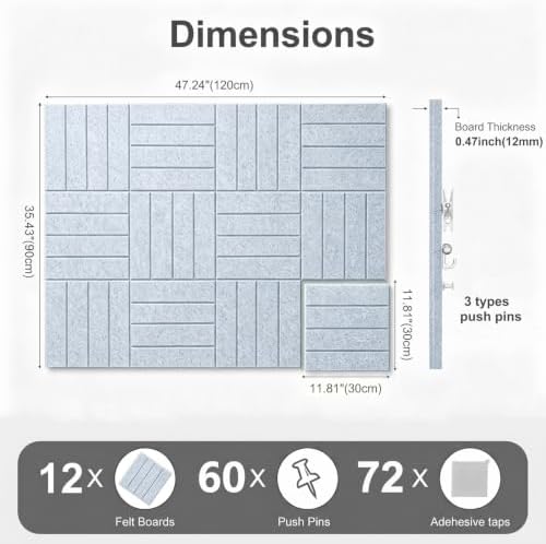 0.47" Thick Felt Wall Tiles 48"x36" Cork Board Alternative 12 Pack 11.81"x11.81"Felt Bulletin Board Pin Board with Removable Adhesive Tape&60 Pushpins for Home Office School(Bold-Silver Grey)