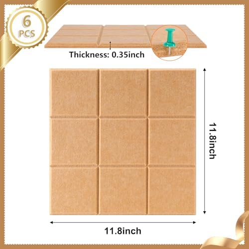 6 Packs Brown Cork Board Felt Board Tiles, Bulletin Board 12"X12" with 30 Push Pins, Felt Board for Home Kitchen Office Decor, Self-Adhesive Corkboard Tiles for Walls School Message Display Board