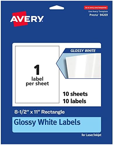 Avery Glossy White Rectangle Labels, 8.5" x 11", 10 Glossy White Labels, Permanent Adhesive, Laser/Inkjet Printable
