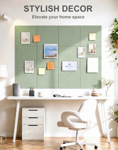 0.47" Thick Felt Wall Tiles 48"x36" Cork Board Alternative 12 Pack 11.81"x11.81"Felt Bulletin Board Pin Board with Removable Adhesive Tape&60 Pushpins for Home Office School(Flat-Sage)