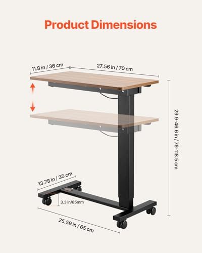 VEVOR Electric Overbed Table, Height Adjustable Hospital Bed Table, Over The Bed Table with Wheels, Mobile Laptop Desk with Cup Holder & Lifting Button, Overbed Desk for Home, Office, Study